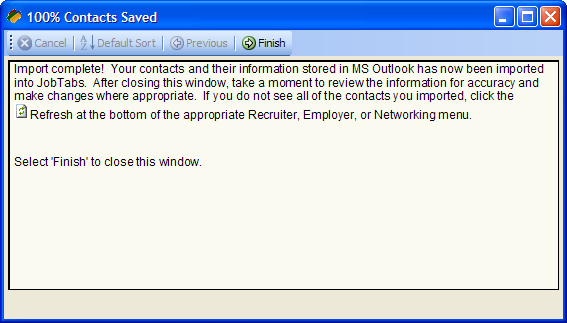 Job search Microsoft Outlook import complete