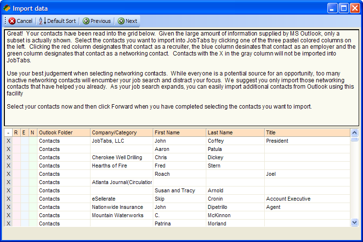 JobTabs MS Outlook Import into the job search contacts wizard